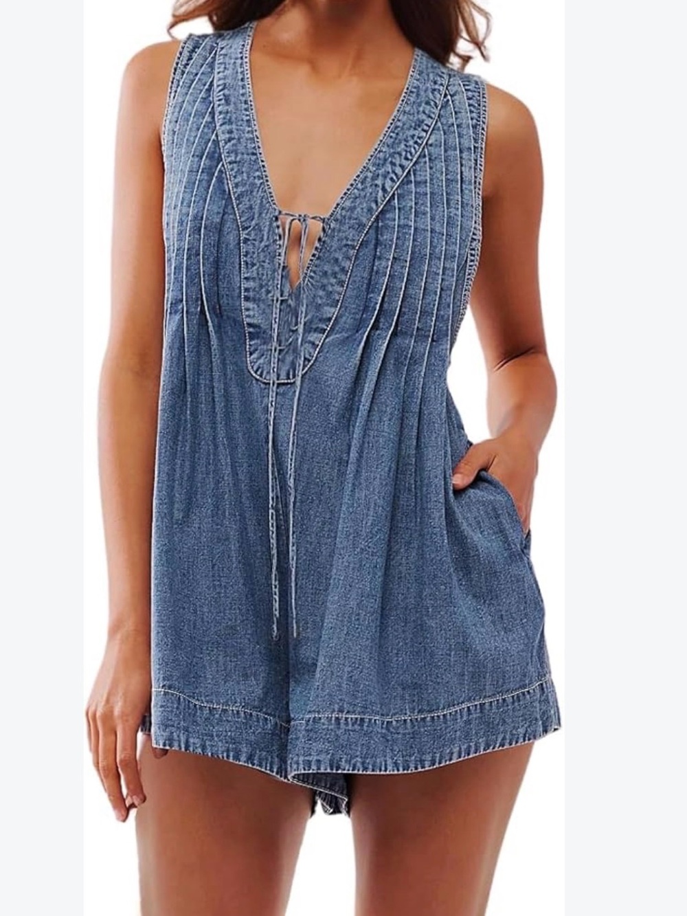 Sleeveless Denim Tie-Front Romper in Blue